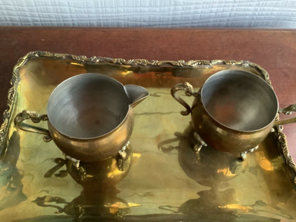 Antique vintage Brass Sugar Creamer & Tray Set