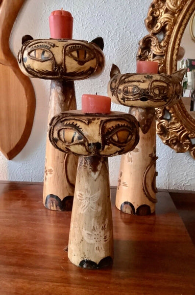 Vtg lot 3 mid century modern retro wood wooden Cat Candleholders candleabra