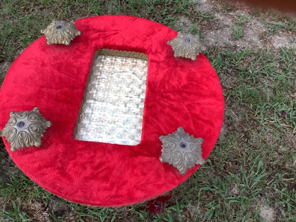 Vtg MID CENTURY Modern mcm pair suede velvet Glass top END side TABLES  red