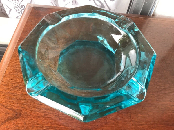 Vintage Aqua Blue Heavy Ashtray Dish Mid-Century Modern mcm retro Glass