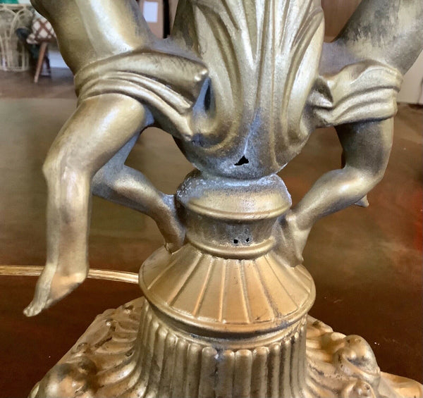 Antique Vintage cast Electric Cherubs Table boudoir Lamp Slag Glass brass Shade