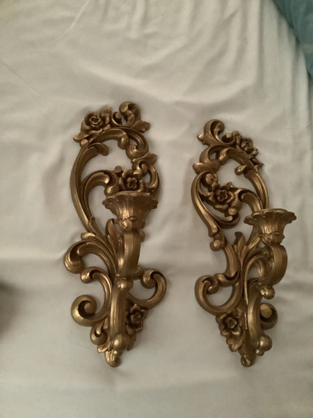 Vintage Pair (2) Syroco Style Wall Candle Holder/Sconce Gold Gilt Homco 4118
