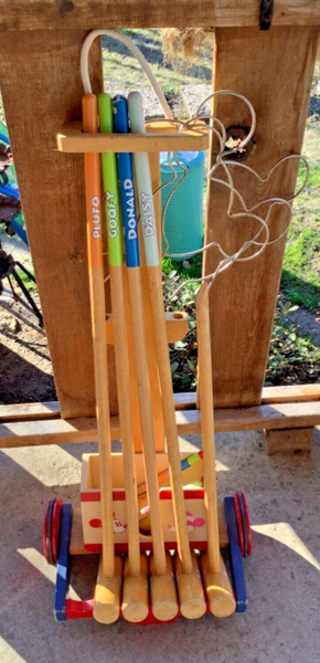 Vintage Walt Disney Mickey Mouse Croquet game Set Wood with stand cart