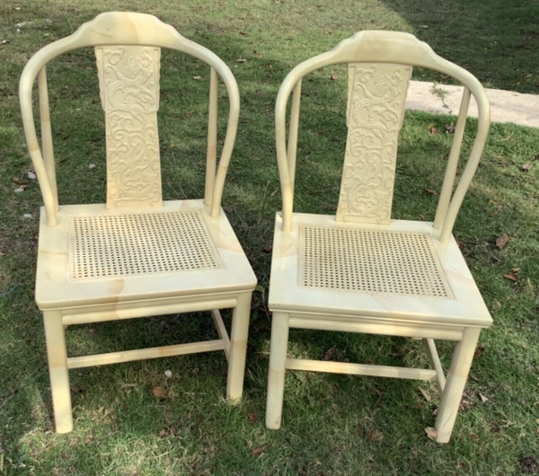 Vtg cane lacquer Chinoiserie Dragon Dining Chairs Henredon  pair goatskin