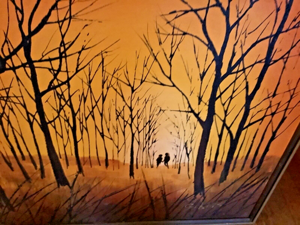 Vtg mid Century Modern mcm  Oil Painting Impressionist  trees Signed G. Rills