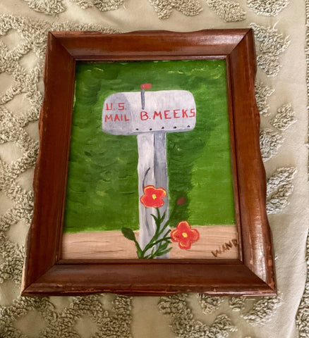 Original Vintage Oil  Mailbox flowers Painting Signed & Framed wood frame mcm