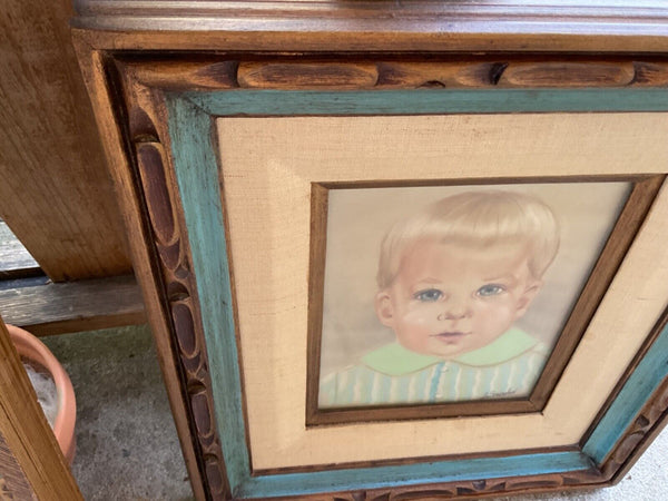 Vtg signed Painting Portrait Boy wood wooden carved mcm frame mid century