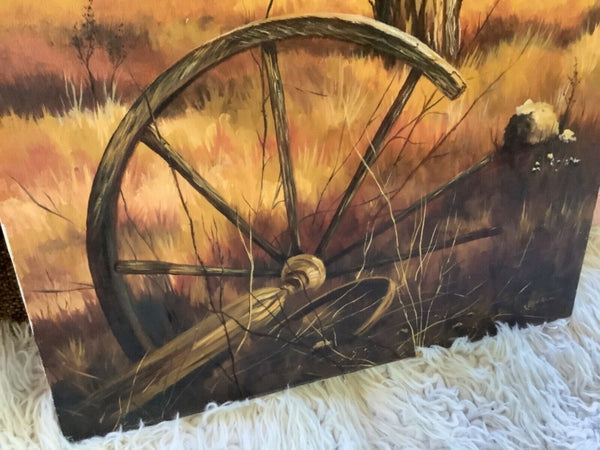 Vintage Original Oil Painting Canvas  Cowboy scenic Western Wagon Wheel Signed