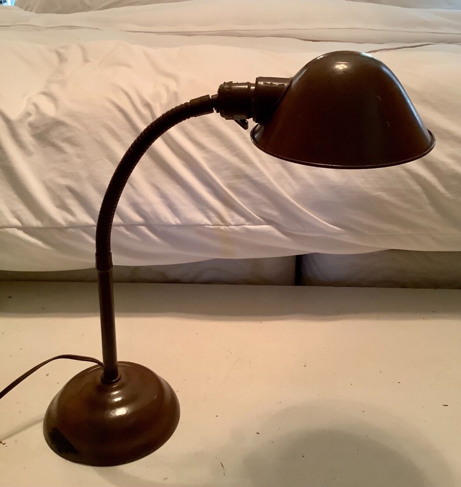 Vtg antique  Gooseneck Industrial Desk Lamp  Brown Art Deco machine age