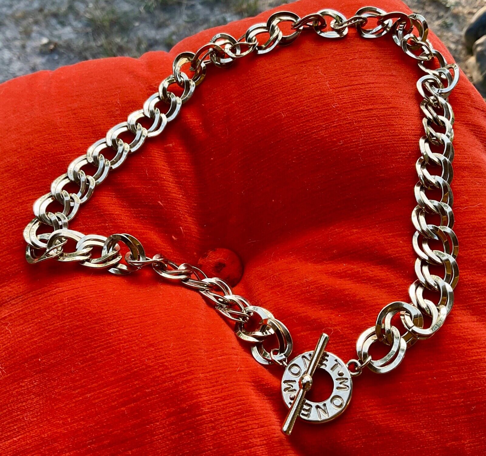 Vintage Monet Signed Silvertone Double Curb Link Chain Necklace gold tone
