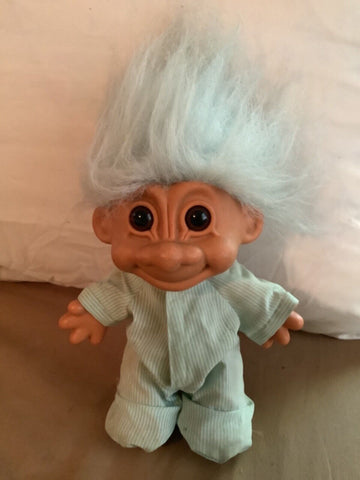 Russ Vintage Troll Doll Green Hair green white striped pajamas
