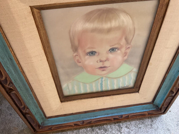 Vtg signed Painting Portrait Boy wood wooden carved mcm frame mid century