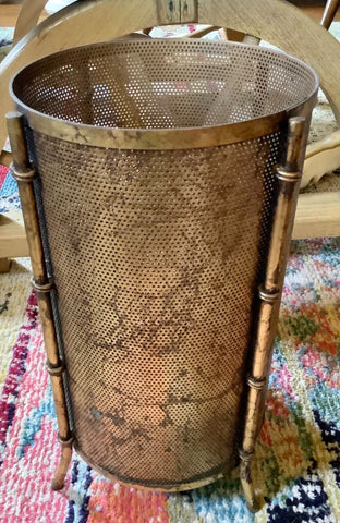 Vtg MCM gold brass tone Bathroom Trash Can Filigree faux bamboo waste basket