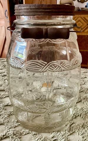 Vintage Pickle Jar Glass Barrel with lid and wood handle