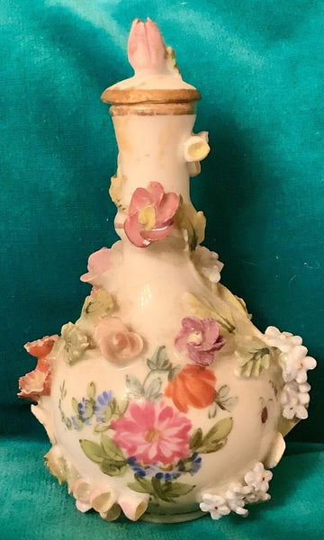 Antique Dresden Potschappel Porcelain Miniature Flower Encrusted Perfume Bottle