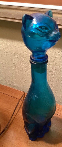 Vintage 1970s Italian EMPOLI 14.5" CAT Cobalt Blue Glass Decanter Bottle - EXC!