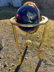 Blue Lapis Floor Standing Gemstone World Globe on brass Tripod Stand w Compass