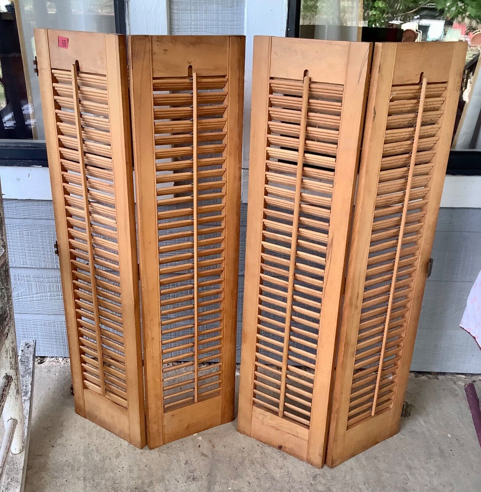 Vtg  pair Rustic Wood Louver Window Shutters Salvage Shabby Chic Wooden 4 panels