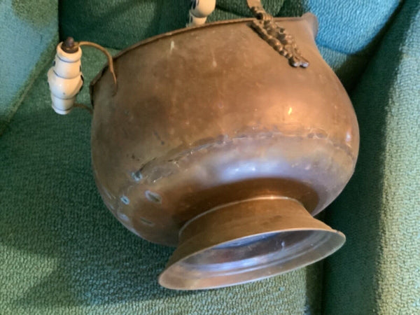 Vintage Large Copper brass Coal Scuttle Bucket Delft Porcelain Lion Handle