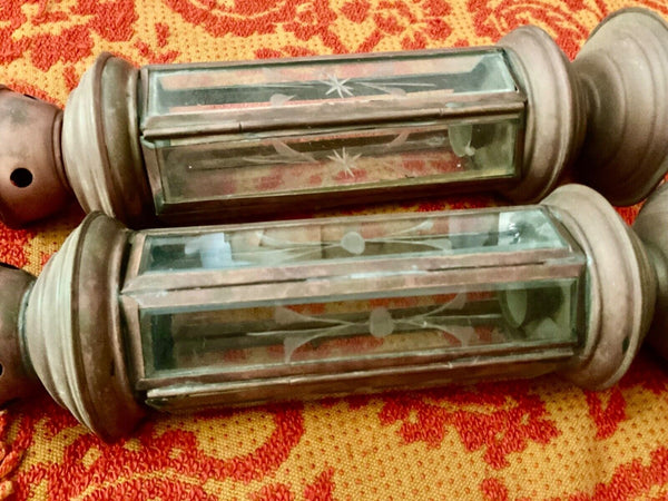 Pair Of Vintage Brass Etched Glass Candle holder Lanterns railroad