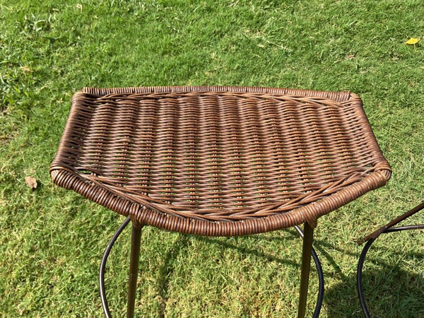 Vtg pair Arthur Umanoff Bars Stool Mid Century Modern Wrought Iron Wicker Boho