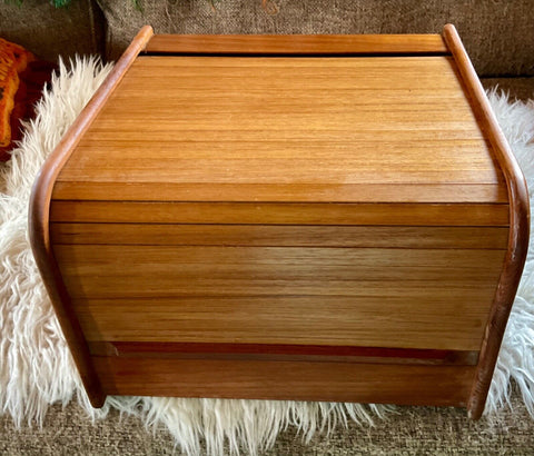 Vintage Mid Century Modern Teak Tech Roll Top Wood Storage Box Organizer Texas