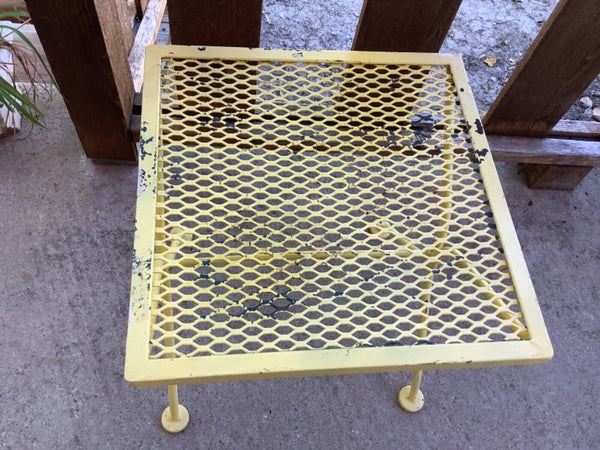 Vintage Yellow painted mid Century Wrought Iron & Mesh  Side Table  Patio Table