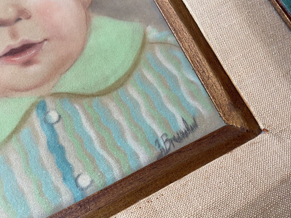 Vtg signed Painting Portrait Boy wood wooden carved mcm frame mid century