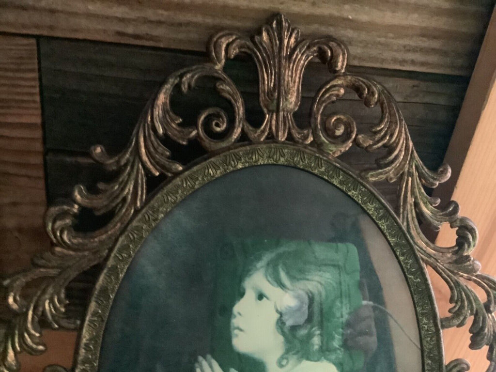 Vintage Brass Frame Little Girl Praying Bubble Glass Convex Glass