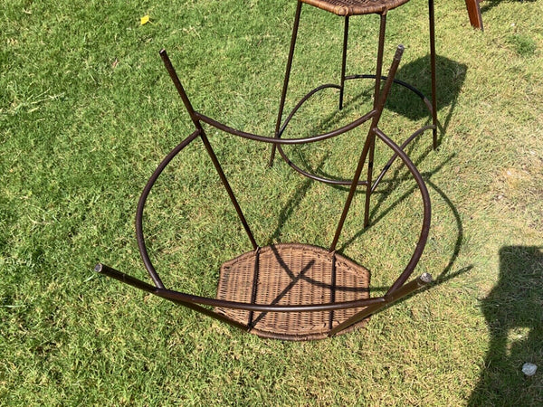 Vtg pair Arthur Umanoff Bars Stool Mid Century Modern Wrought Iron Wicker Boho