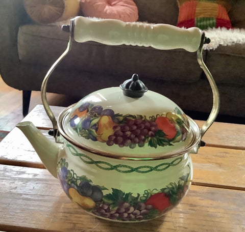 Vintage 1960s Enamel Covered Tea Kettle Brass Handle Fruit Design Cornucopia ￼