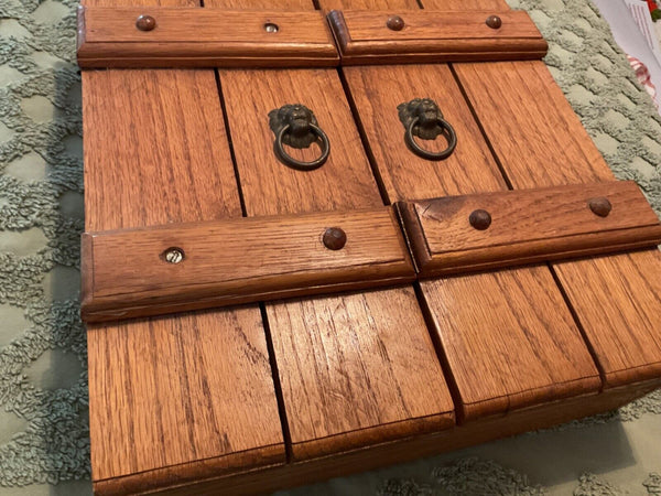 Vtg  Wood Wall Mount Medicine Cabinet chest Cupboard doors lion hardware shelf