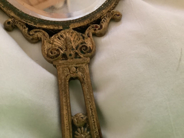 Antique Vtg Victorian Brass Hand Mirror Porcelain Inset Beveled Mirror