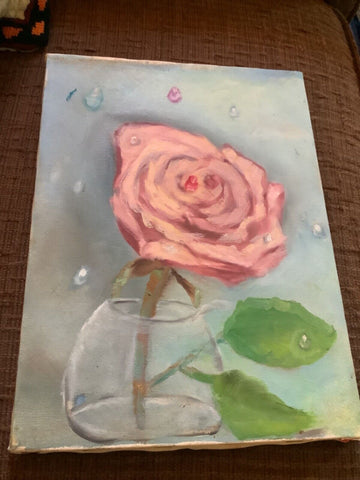Handpainted Shabby vintage pink rose in vase on canvas oil painting