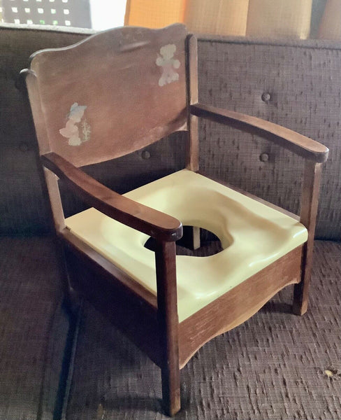 vintage  wood baby child wooden potty chair teddy Bear  Pot