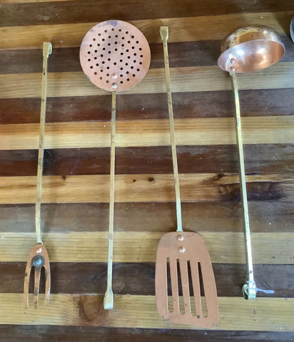 VINTAGE 4 PIECE COPPER & BRASS KITCHEN UTENSILs SET ladle spoon fork spatula