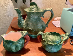 Vtg Cabbage patch leaf Tea Pot Sugar And Creamer Set