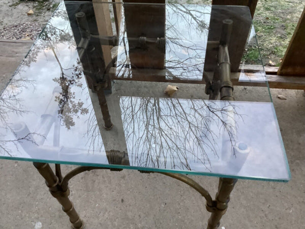 Vtg Hollywood Regency Square Faux Bamboo Gold Metal Glass Accent Side End Table