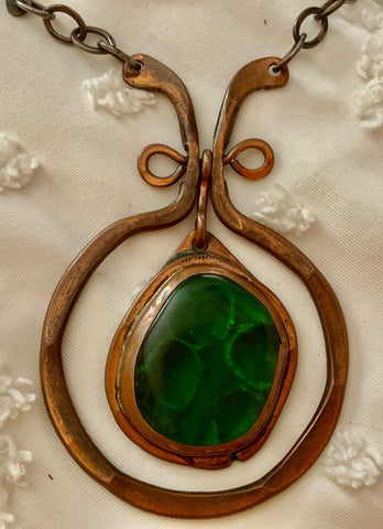Vintage Rafael Canada Necklace Brass & Green Glass Large Pendent Necklace