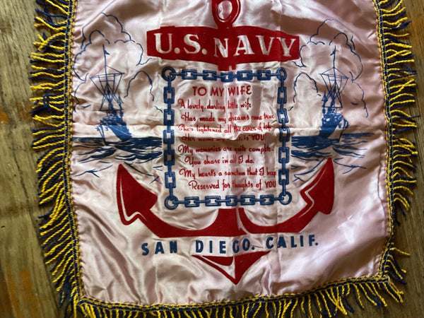 VINTAGE US NAVY SAILOR SWEETHEART wife CALIFORNIA FRINGED PILLOW COVER