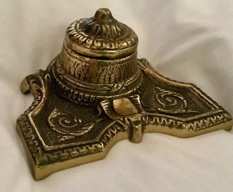 Vintage Cast Brass Ink Well Holder with Hinged Lid & Metal Ink Well