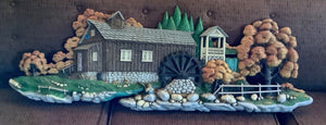 Vtg Burwood Products 2426 Wall Hanging 1980 Old Grist Mill Water Wheel Autumn NM