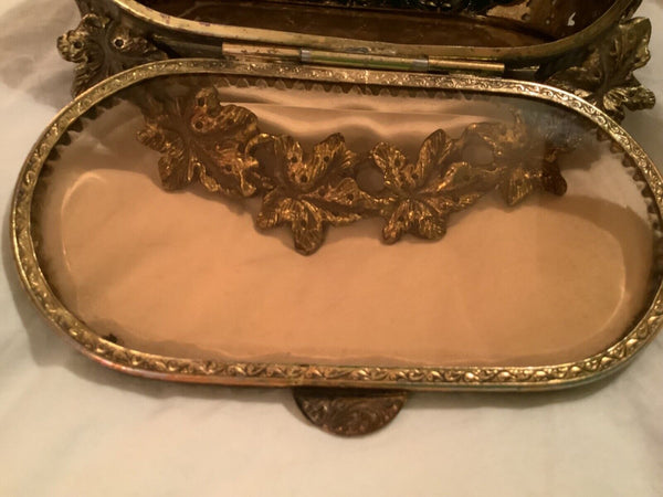 VTG Jewelry Casket Beveled Glass Gilt Ormolu Filigree Trinket Box Vanity Display