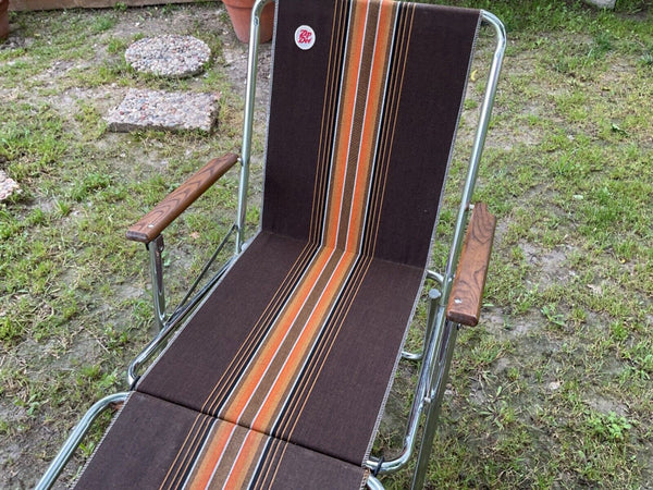 Vintage Zip Dee Brown Stripe Folding Chair Chrome + Wood AIR stream & foot rest