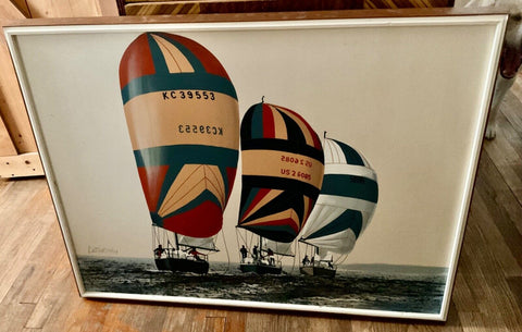 Vtg MCM Letterman Sailboats boat ocean  Oil Painting 1970’s Sailing framed wood