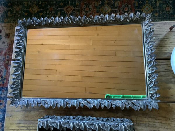 Vtg leaf Brass Mirror Vanity Dresser Table Top Footed Tray  with Kleenex box