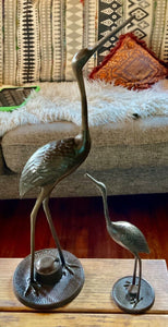 Vintage mid century  Solid Brass Pair Standing Eating  Cranes Egret Heron Birds