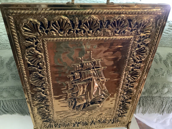 Vintage Fireplace Screen Brass Copper metal  Nautical Ship Stand mcm