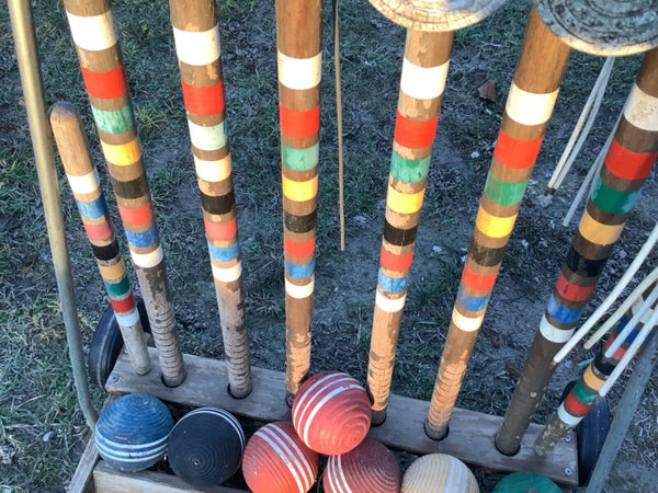 Vintage Forster Croquet Set 6 Player with Wheeled Rolling Cart  caddy Stand Game