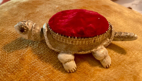 Rare FLorenza Vintage metal jeweled Turtle Pin Cushion Needle Holder Sewing